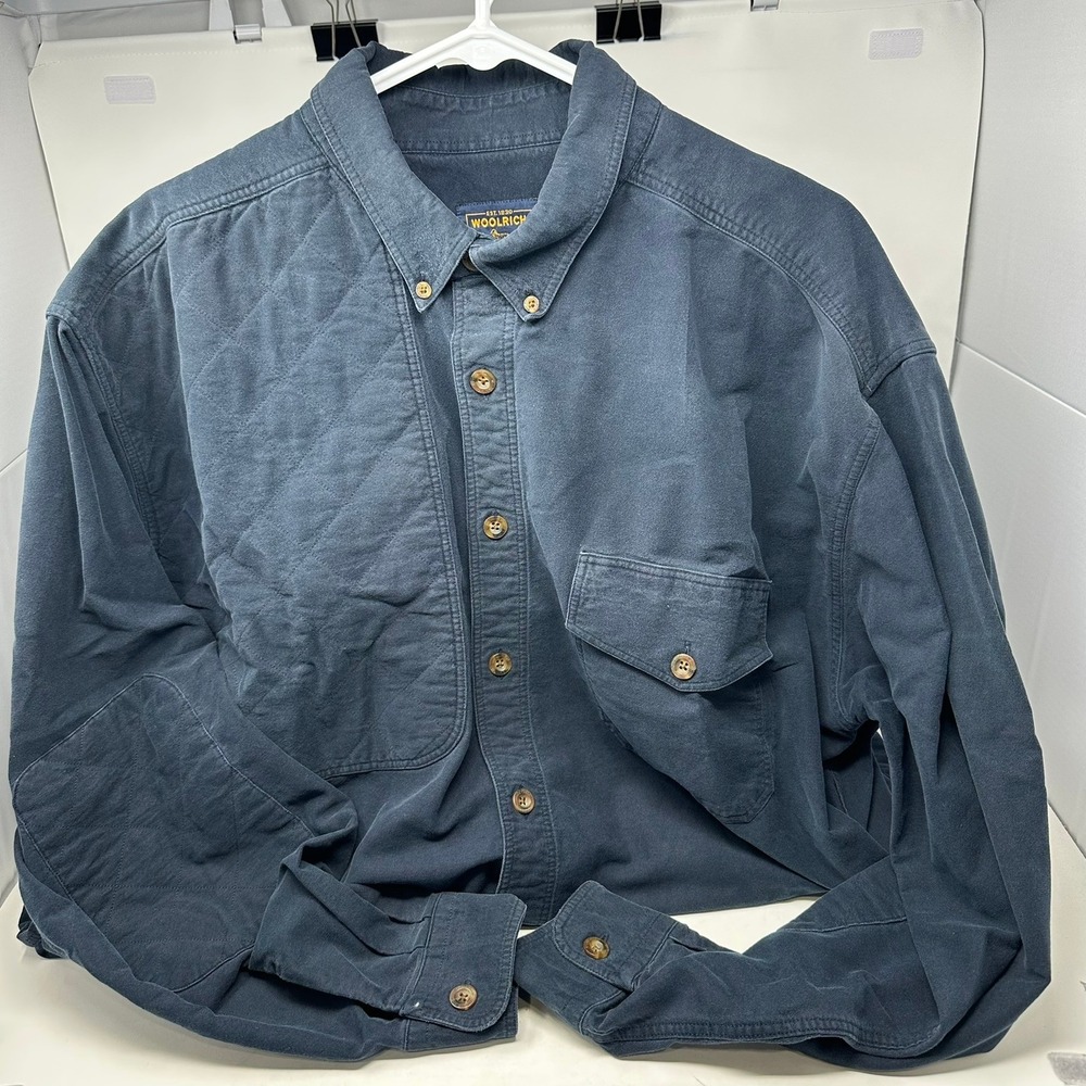 Woolrich Shirt Men XL Blue Canvas Quilted Shoulder Elbow Patch Button Down